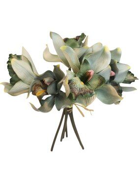 Artificial Cymbidium Orchid Bouquet 7 Stem Jade Green Faux Orchid Floral Decor